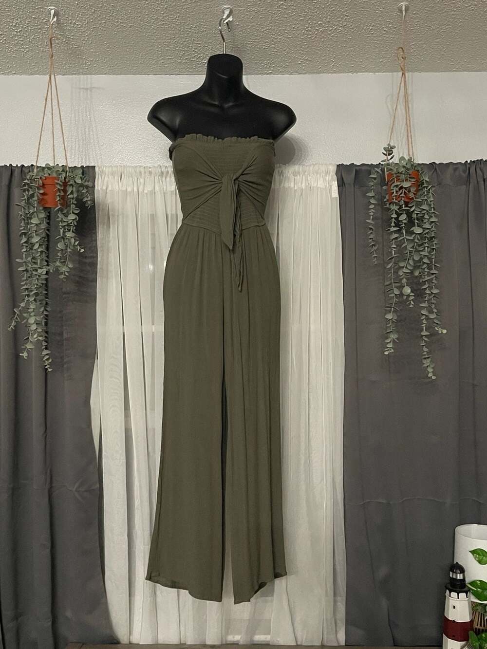 Rue21 Olive Green Strapless Smocked Tie Front Wide Leg Jumpsuit Size S
